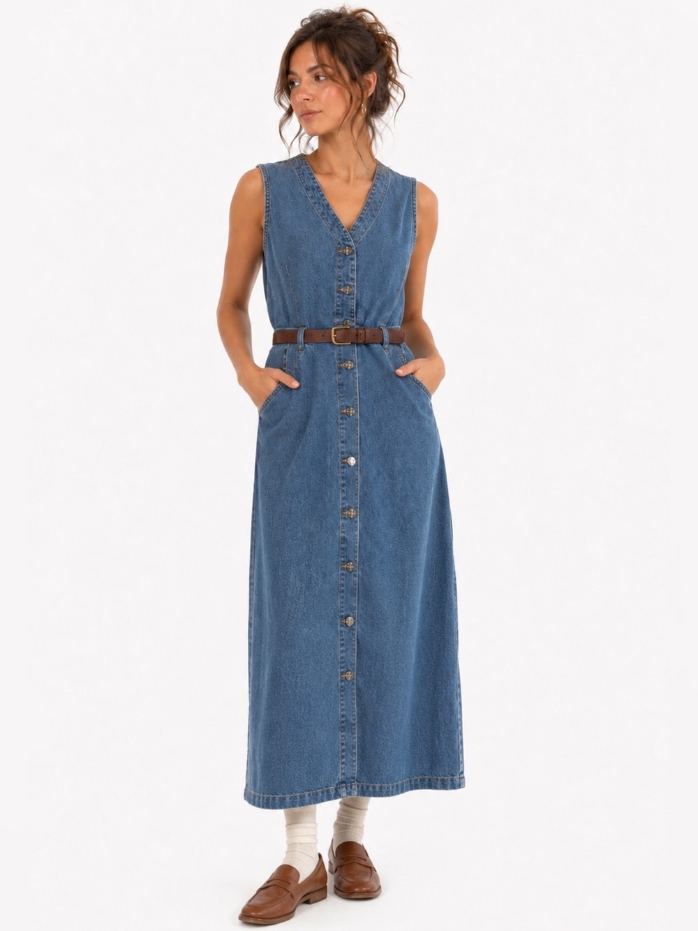 Vintage 90s Studio Ease Denim Button-Front Maxi Dress Made in USA medium 6-8